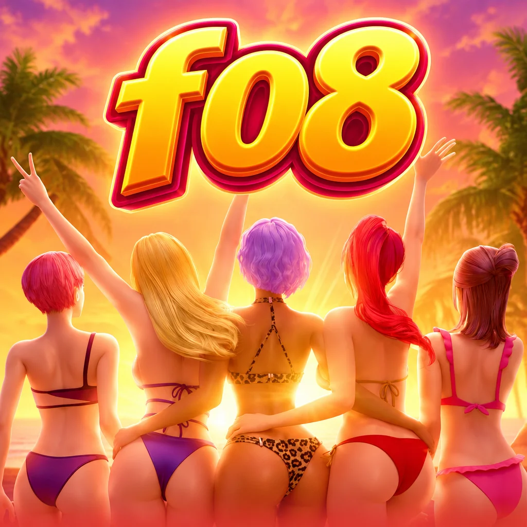 Logo f08 di atas pemandangan pantai matahari terbenam bersama lima wanita berbikini dari Bikini Paradise