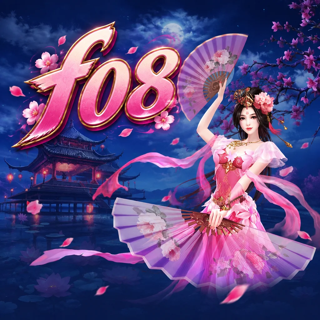 Logo f08 bersama karakter penari Diaochan berbusana merah muda memegang kipas di tepi danau malam hari